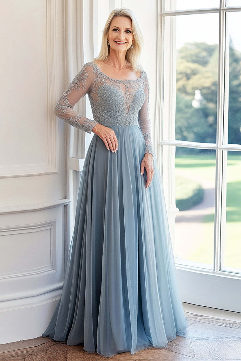 Leely Women Grey Blue A Line Lace Applique Mother of the Bride Dress Boat Neck Tulle Long Sleeves Wedding Guest Dress