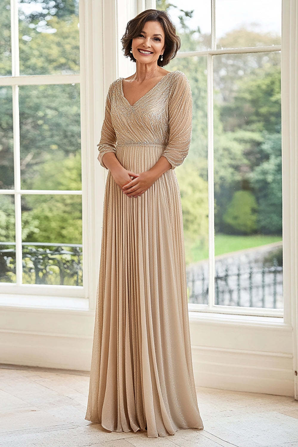 Leely Women Sparkly V-Neck Champagne A Line Mother of the Bride Dress Pleated Floor Length Chiffon Wedding Guest Dress
