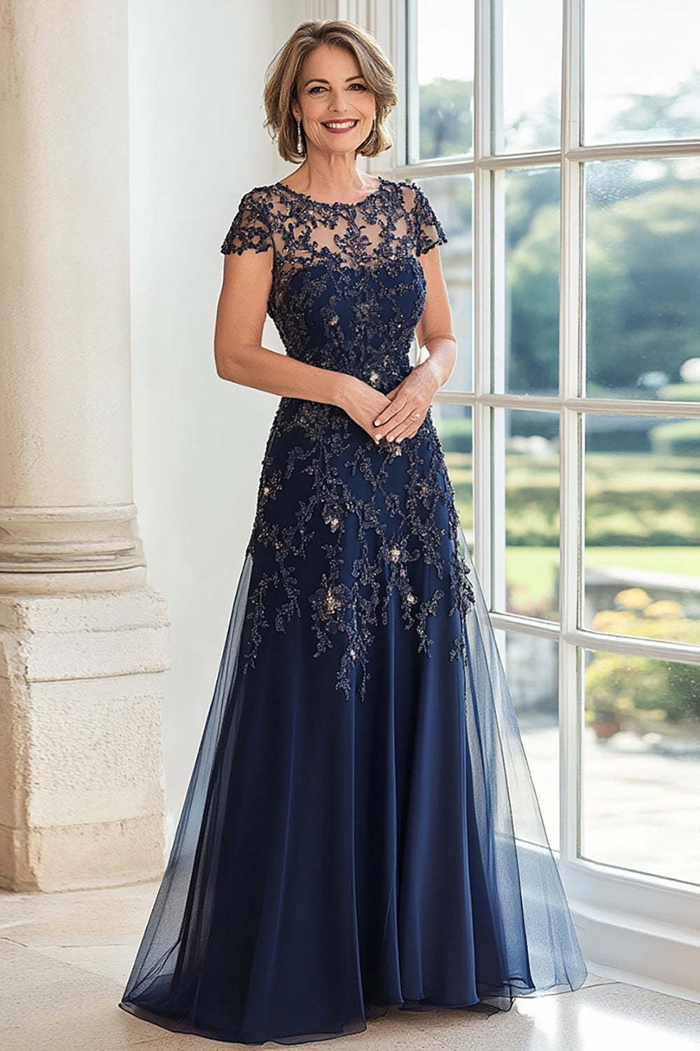 Leely Women Elegant Lace Applique Navy A Line Mother of the Bride Dress with Cap Sleeves Tulle Scoop Neck Wedding Guest Dress