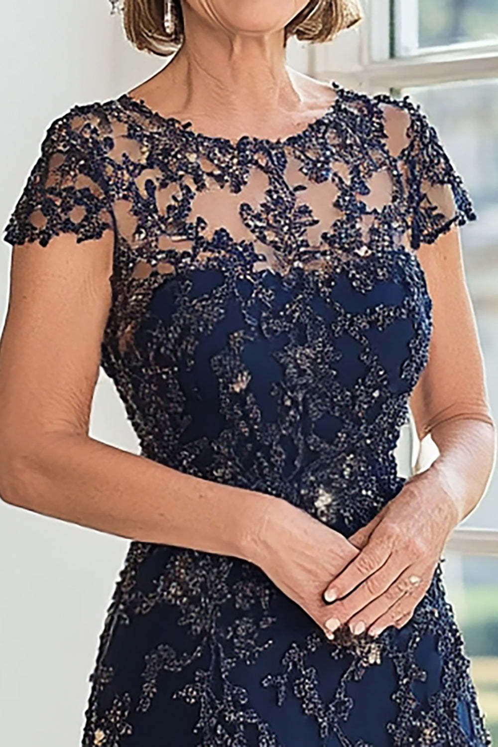 Elegant Lace Applique Navy Cap Sleeves A Line Mother of the Bride Dress