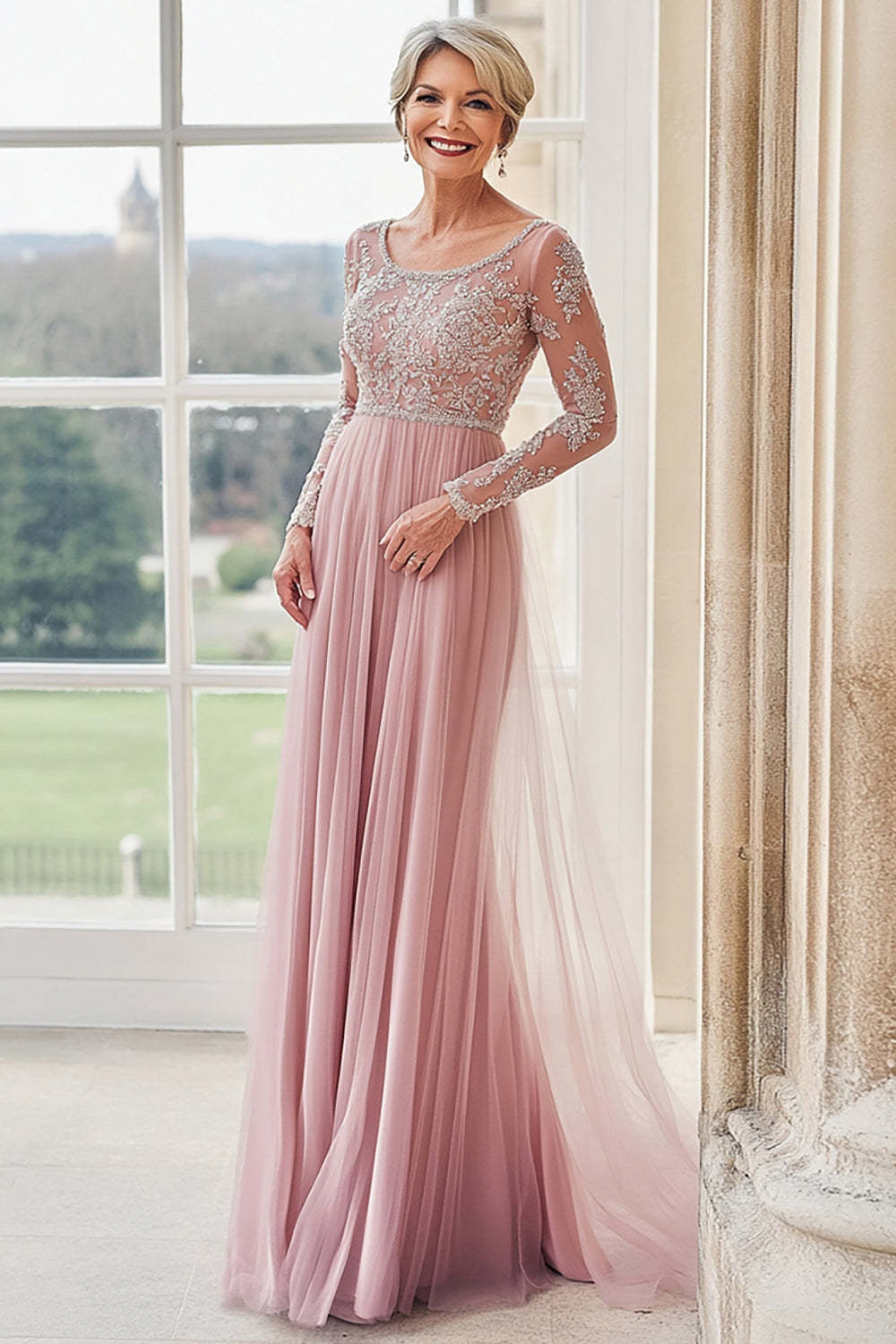 Leely Women Elegant Lace Blush A Line Mother of the Bride Dress Tulle Scoop Neck Wedding Guest Dress with Long Sleeves