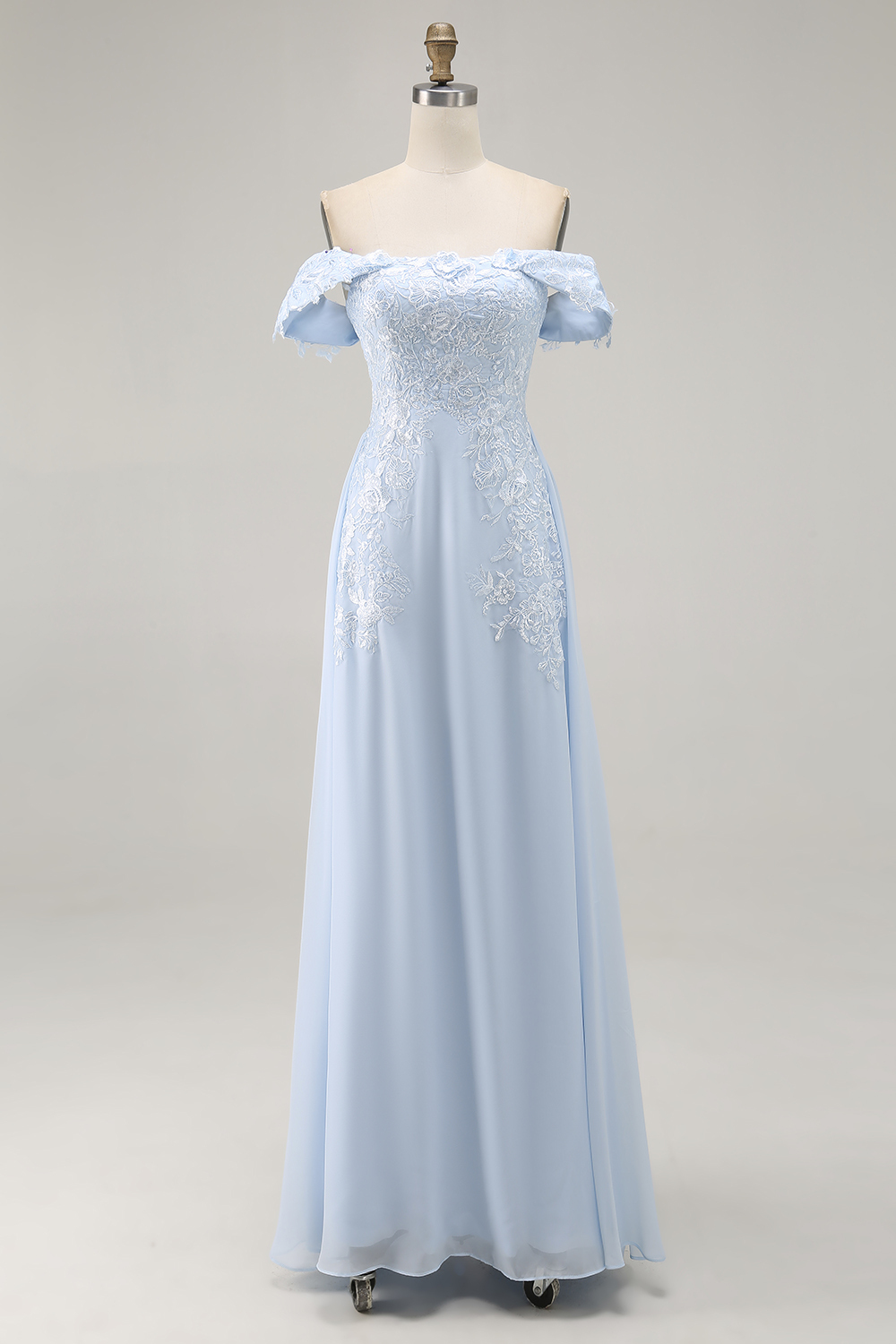 Sky Blue Off The Shoulder Sheath Mother of the Bride Dress with Lace Applique