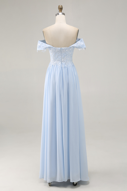 Sky Blue Off The Shoulder Sheath Mother of the Bride Dress with Lace Applique