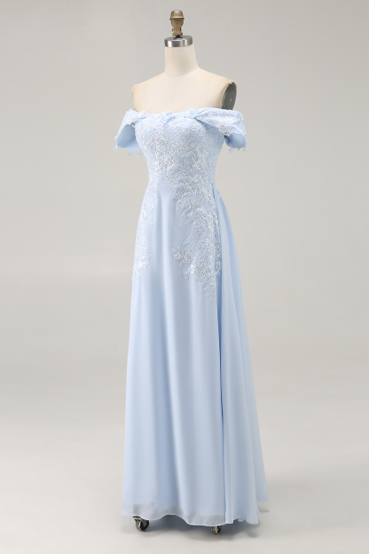 Sky Blue Long Sheath Mother of the Bride Dress with Lace Applique