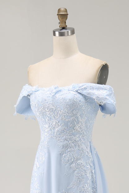 Sky Blue Long Sheath Mother of the Bride Dress with Lace Applique