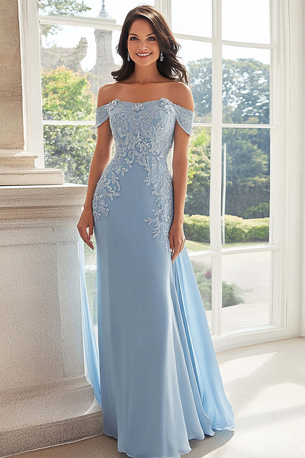 Leely Women Sky Blue Off The Shoulder Sheath Mother of the Bride Dress with Lace Applique Chiffon Formal Dress