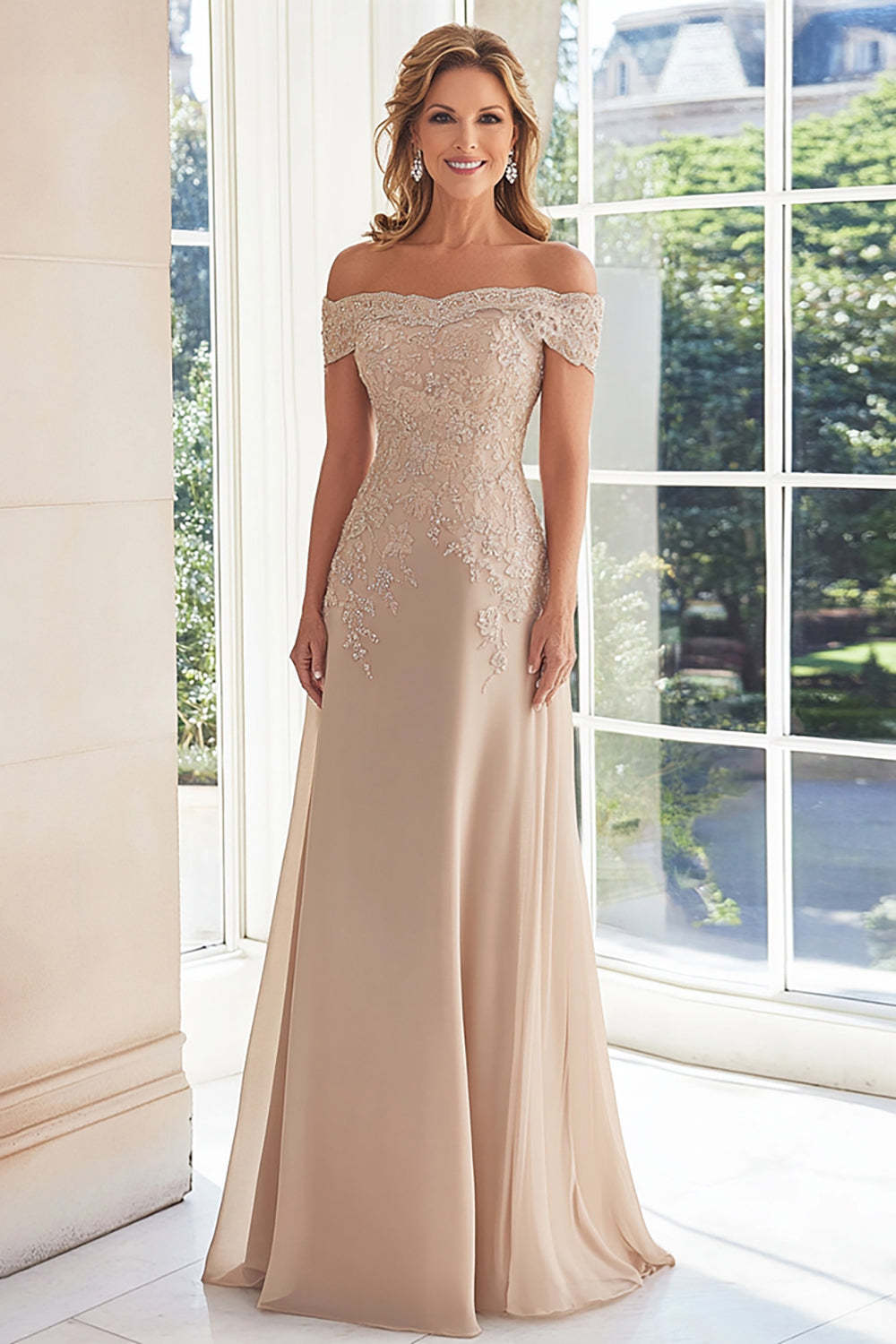 Leely Women Off The Shoulder Elegant Taupe Sheath Mother of the Bride Dress with Applique Chiffon Floor Length Formal Dress