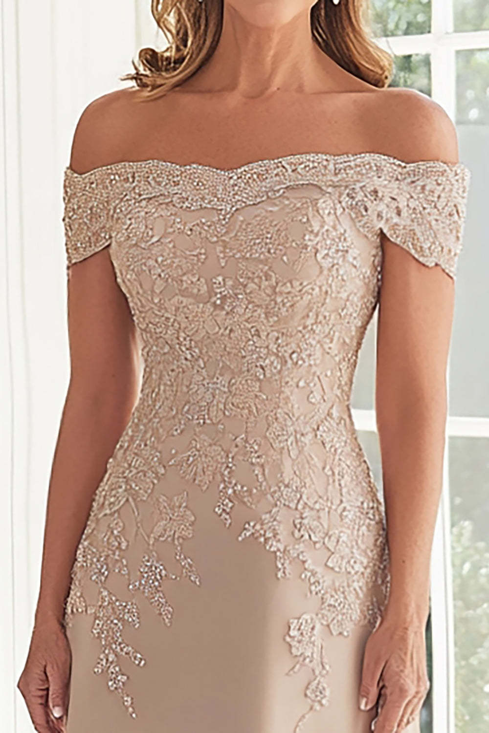 Off The Shoulder Elegant Taupe Sheath Mother of the Bride Dress with Applique