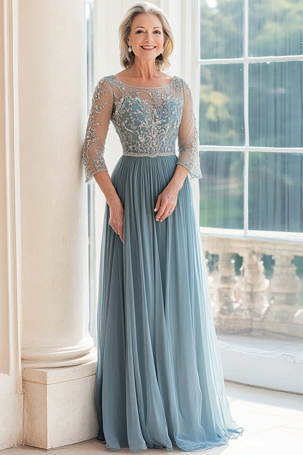 Leely Women Dusty Blue Tulle 3/4 Sleeves Mother of the Bride Dress with Lace Applique A Line Wedding Guest Dress
