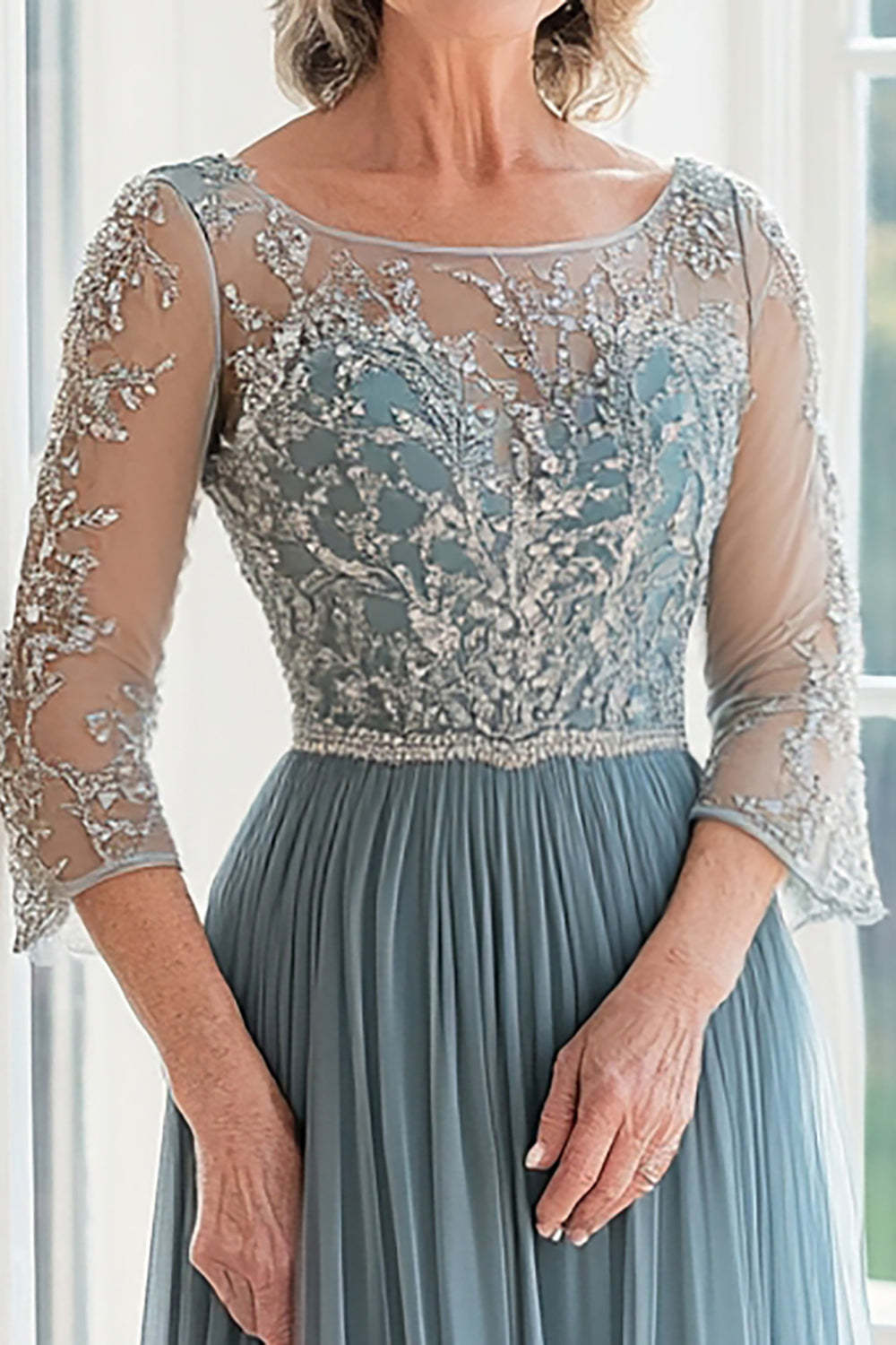 Dusty Blue Tulle 3/4 Sleeves Lace Applique Mother of the Bride Dress