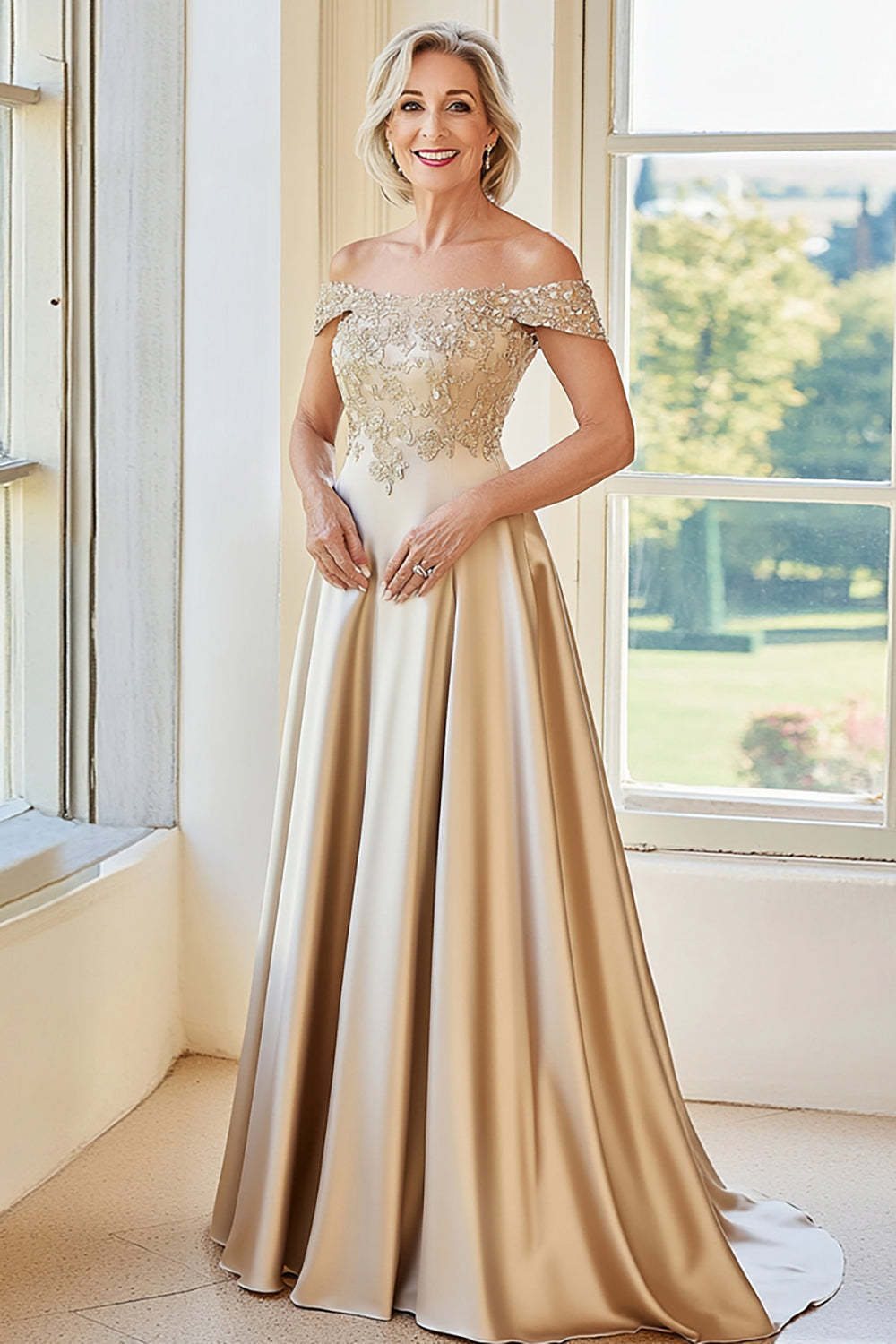 Leely Women Champagne Off The Shoulder A Line Mother of the Bride Dress with Embroidery Satin Floor Length Evening Gala Dress