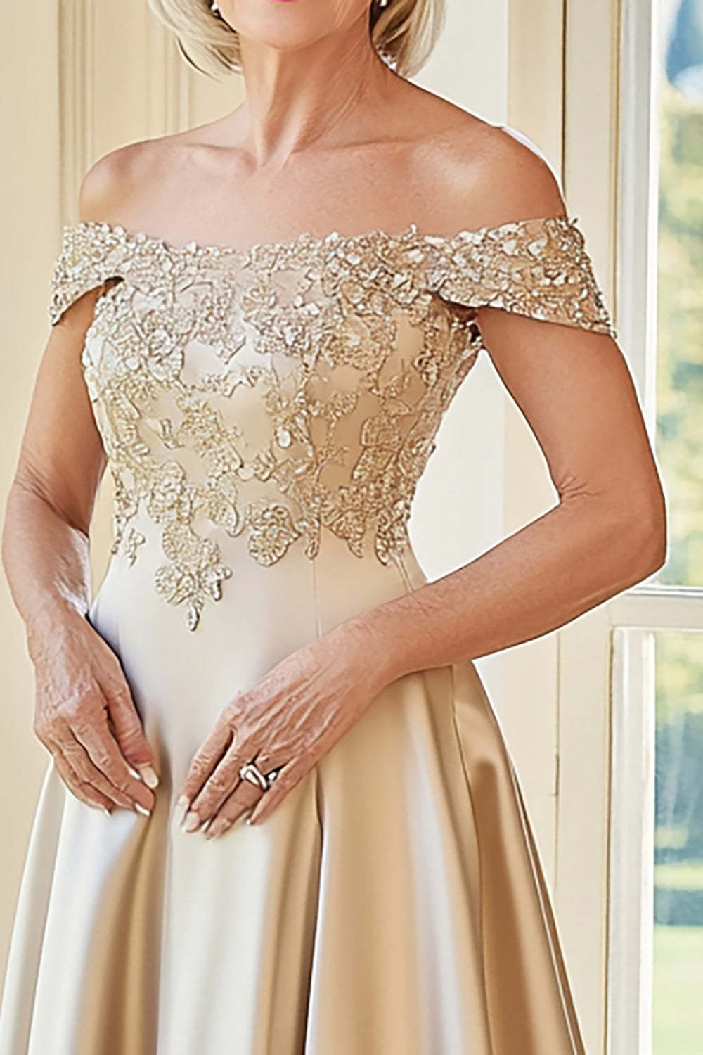 Champagne Off The Shoulder Embroidery A Line Mother of the Bride Dress