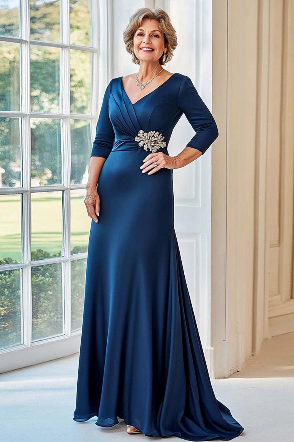 Leely Women Navy Satin V-Neck Mother of the Bride Dress with 3/4 Sleeves Sheath Max Formal Dress