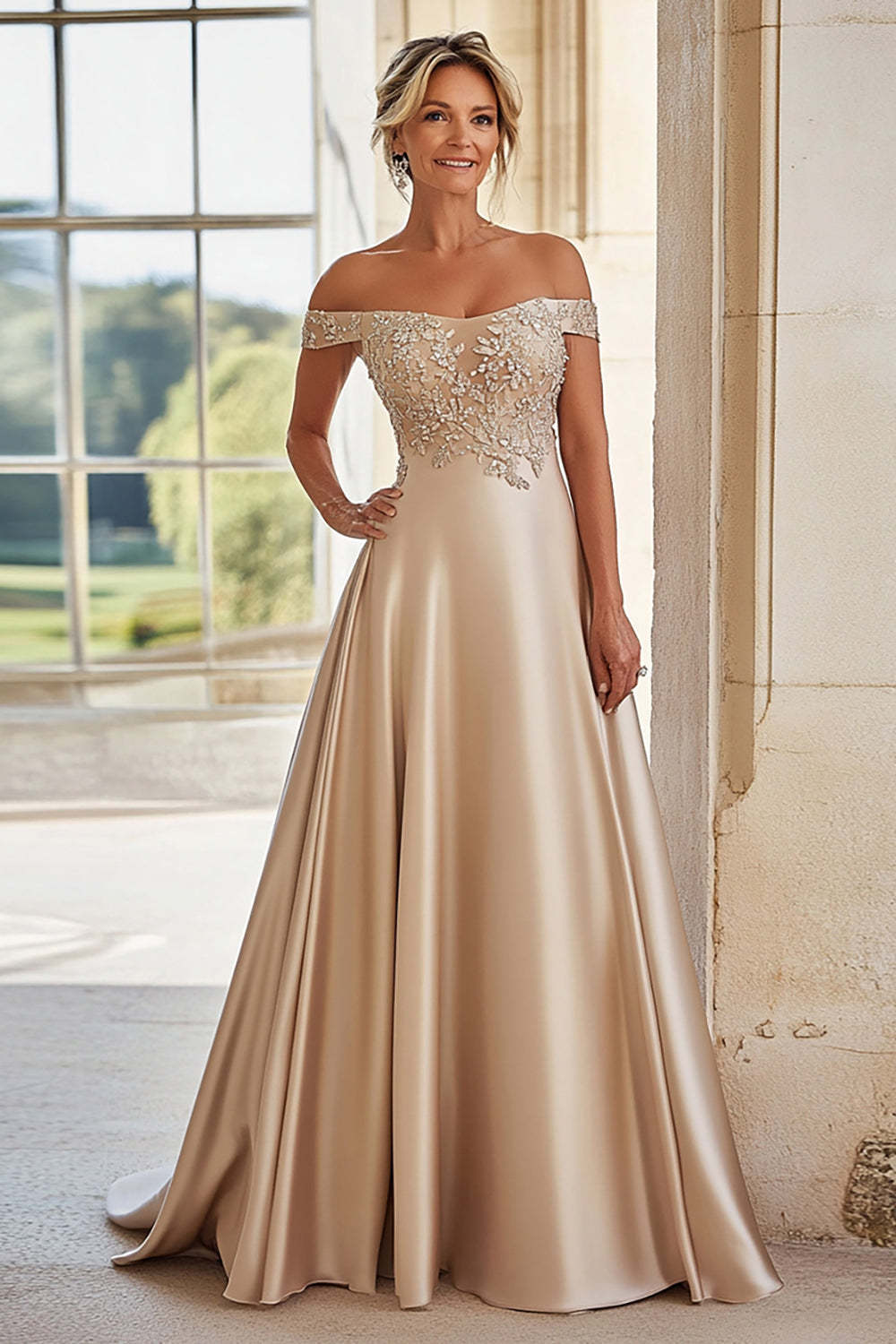 Leely Women Off The Shoulder Champagne A Line Mother of the Bride Dress with Beadings Satin Prom Dress