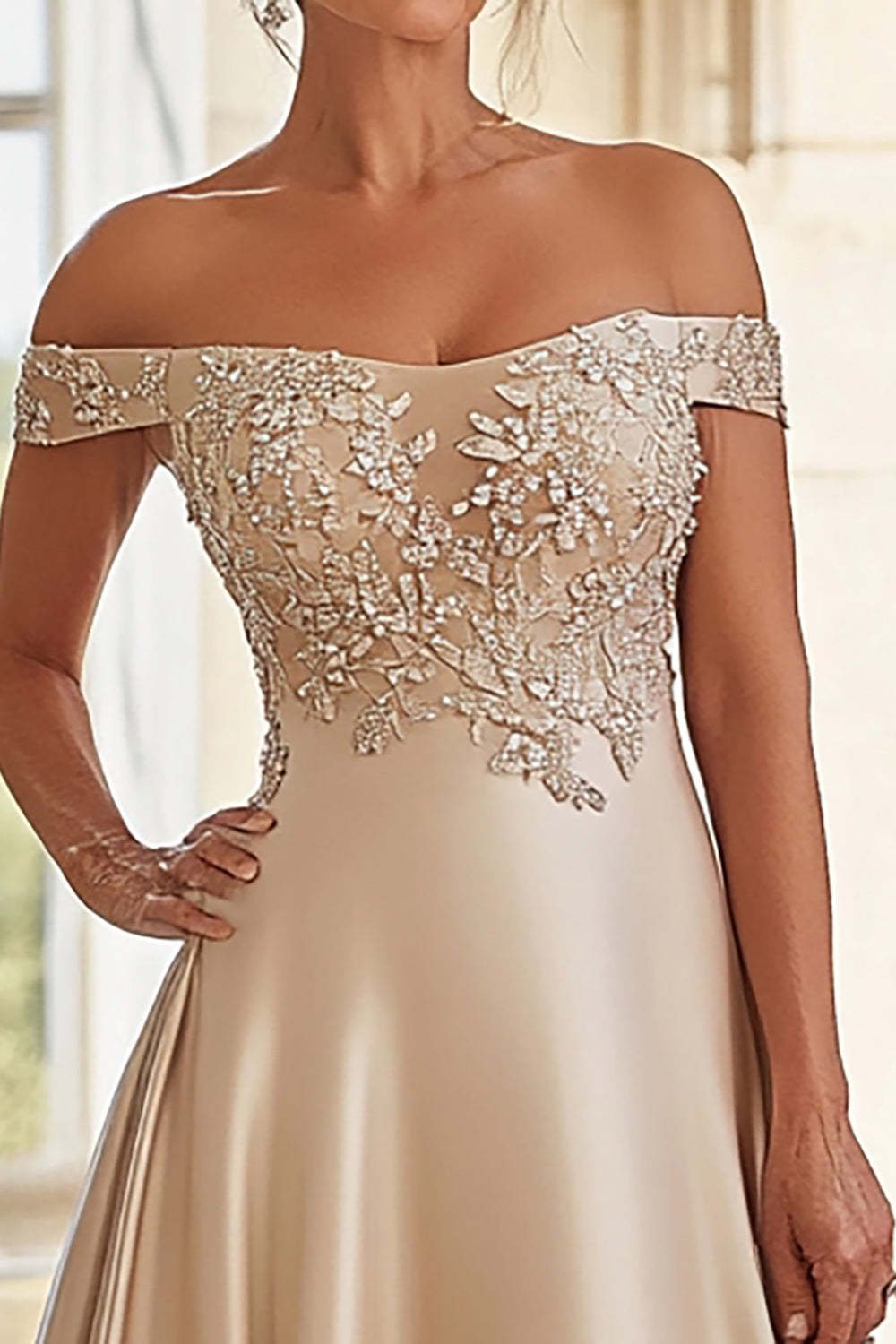 Off The Shoulder Champagne A Line Mother of the Bride Dress with Applique
