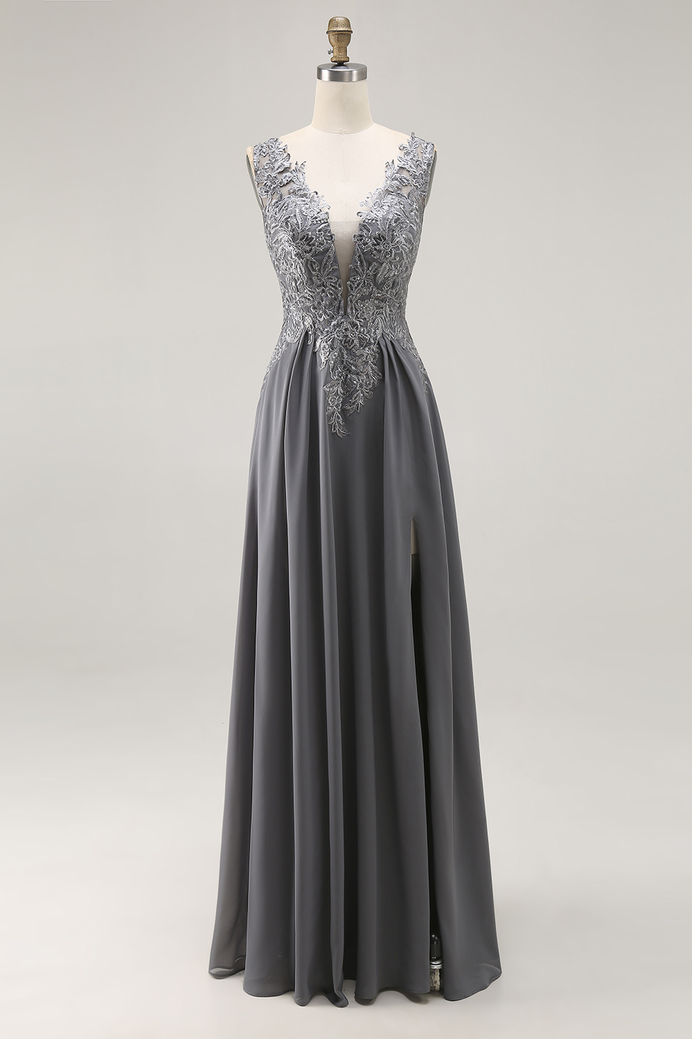 Charcoal A Line Lace Applique V-Neck Mother of the Bride Dress with Slit