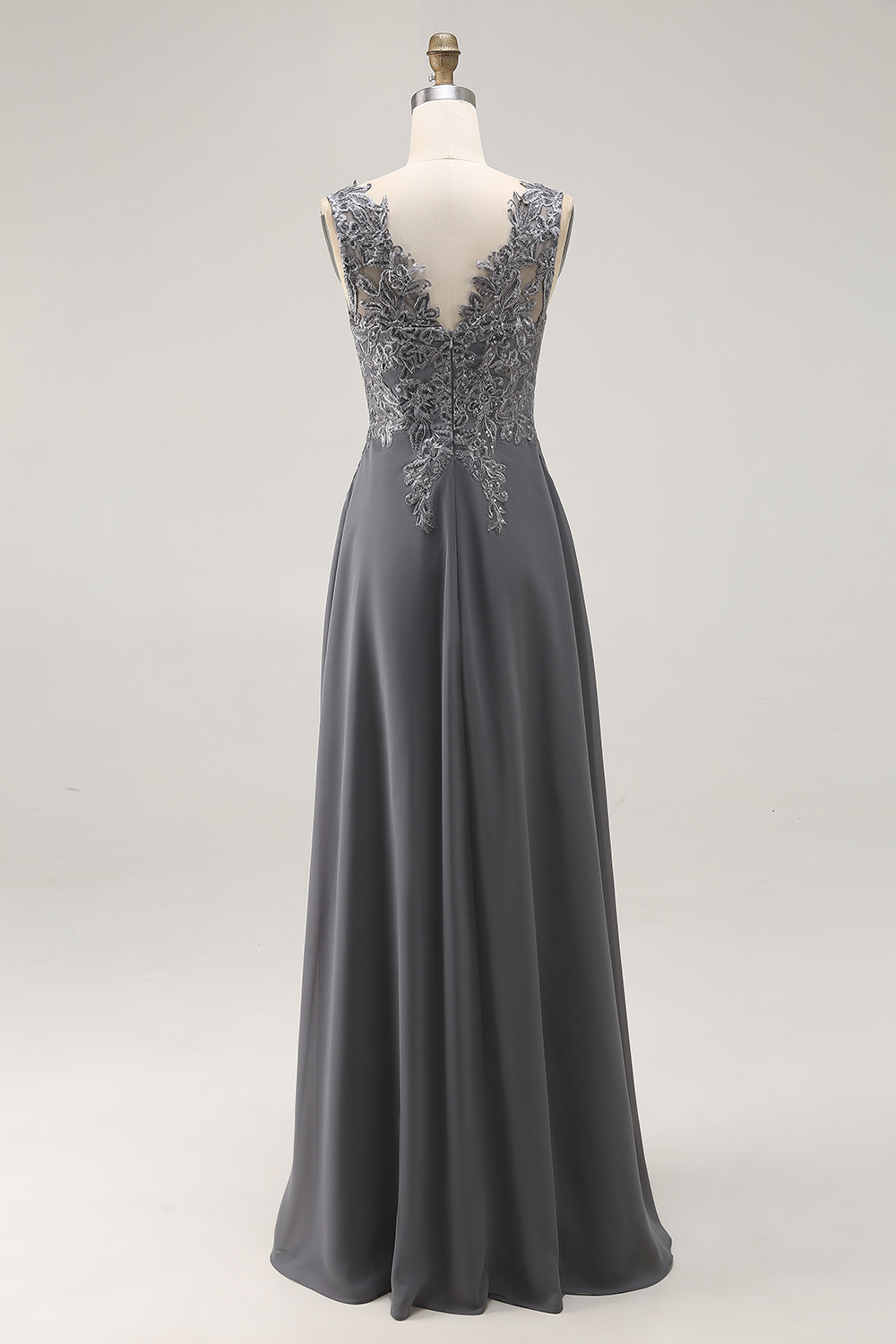Charcoal A Line Lace Applique V-Neck Mother of the Bride Dress with Slit