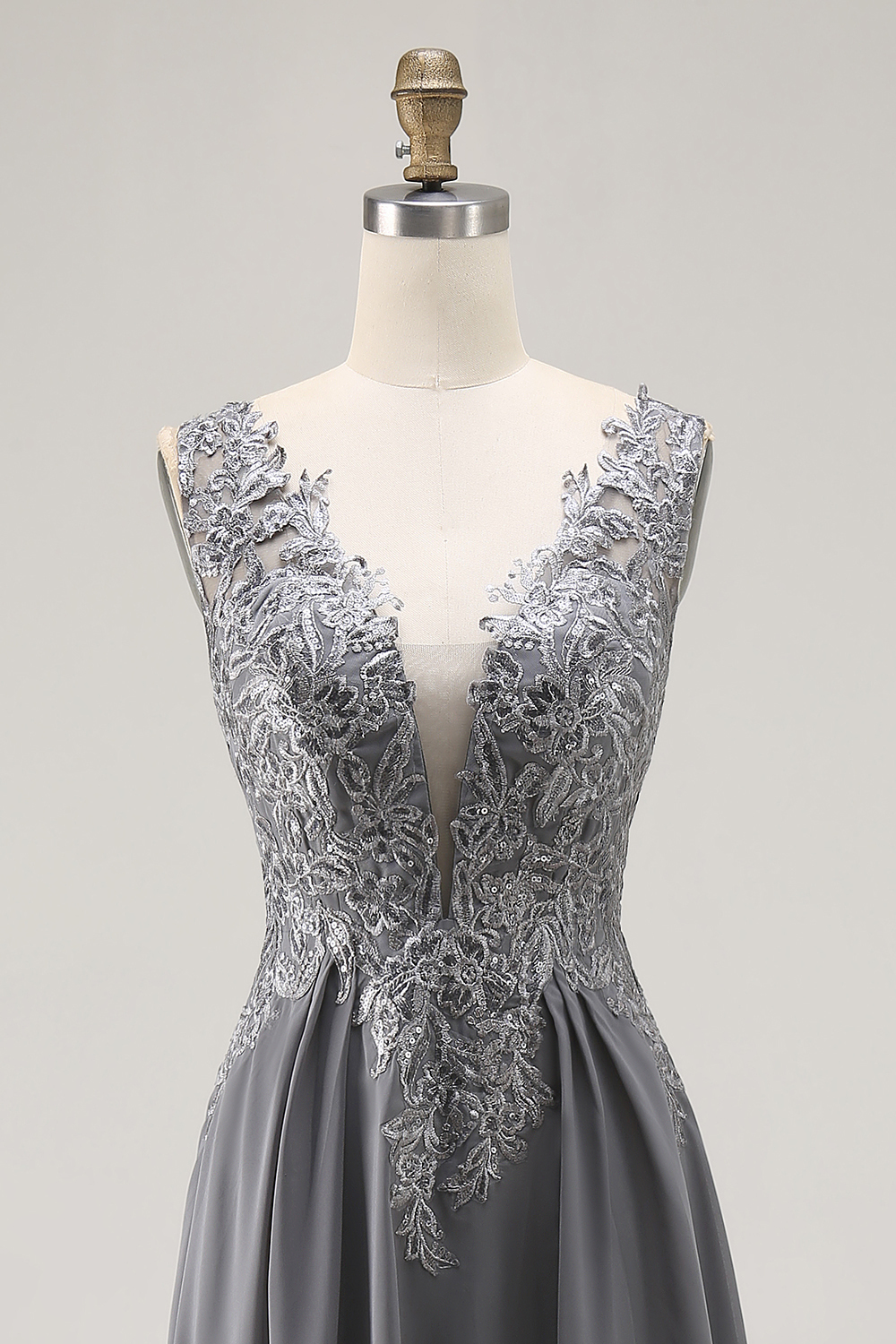 Charcoal A Line Applique V-Neck Long Mother of the Bride Dress with Slit