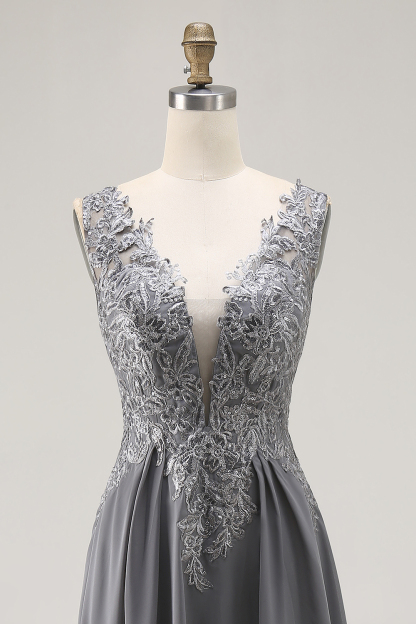 Charcoal A Line Applique V-Neck Long Mother of the Bride Dress with Slit
