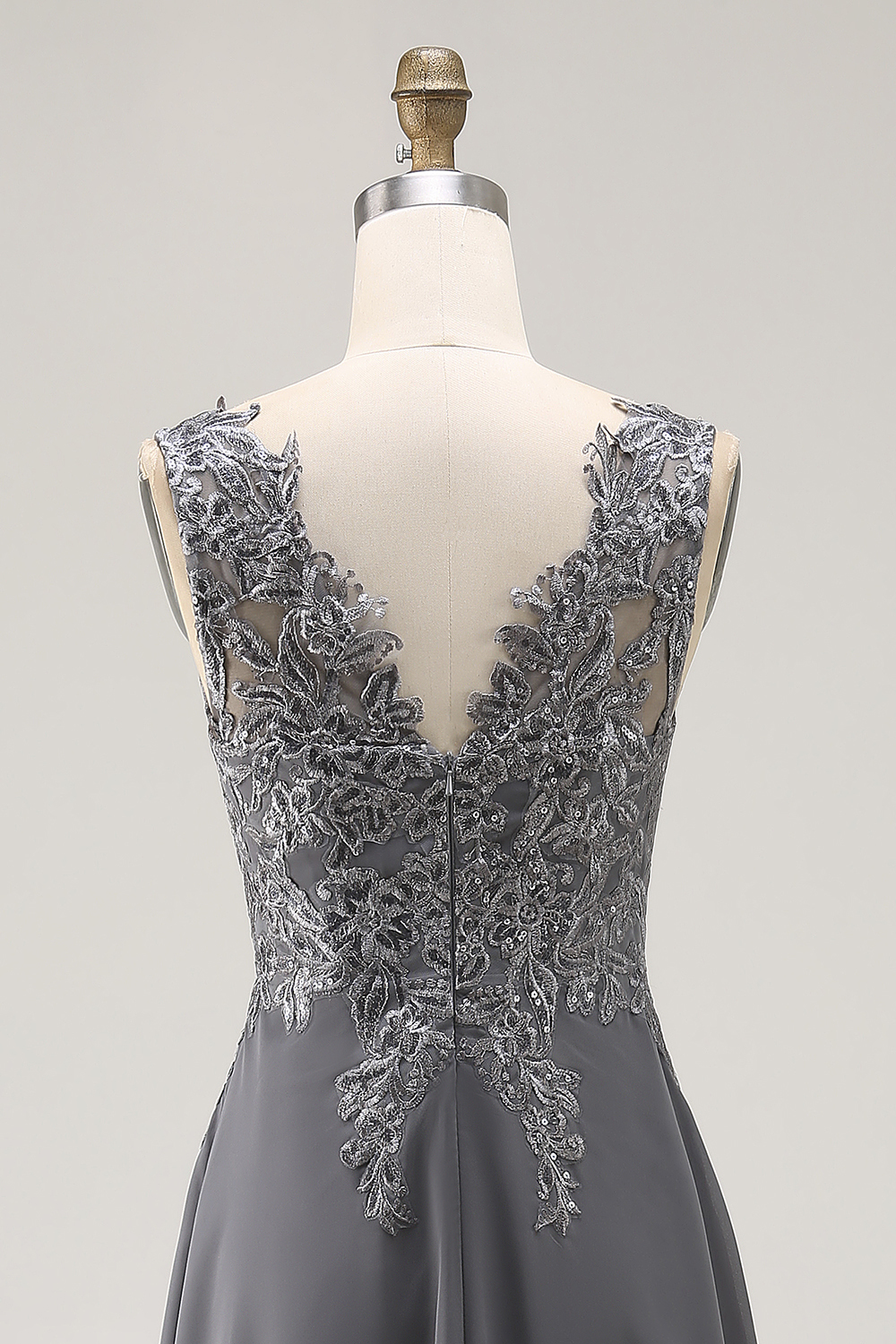Charcoal A Line Applique V-Neck Long Mother of the Bride Dress with Slit