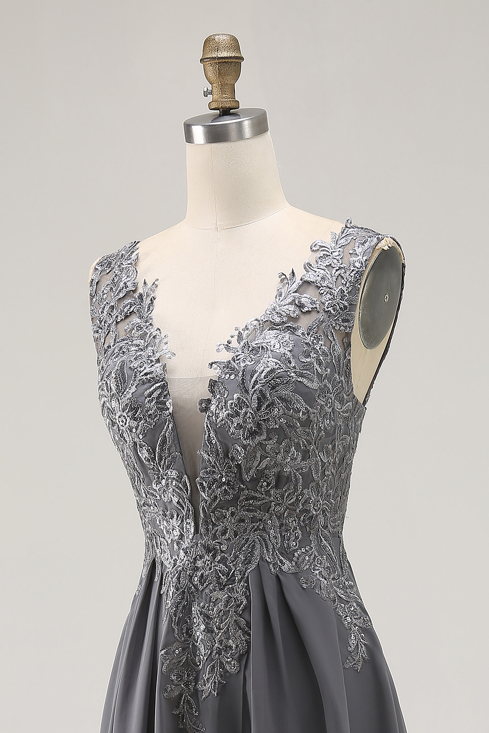 Charcoal A Line Applique V-Neck Long Mother of the Bride Dress with Slit
