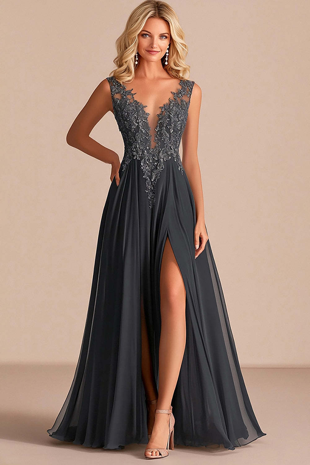 Leely Women Charcoal A Line Applique V-Neck Mother of the Bride Dress with Slit Chiffon Sleeveless Wedding Guest Dress