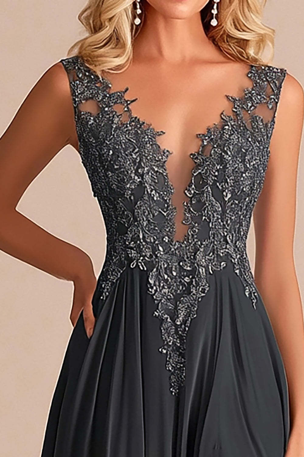 Charcoal A Line Lace Applique V-Neck Mother of the Bride Dress with Slit