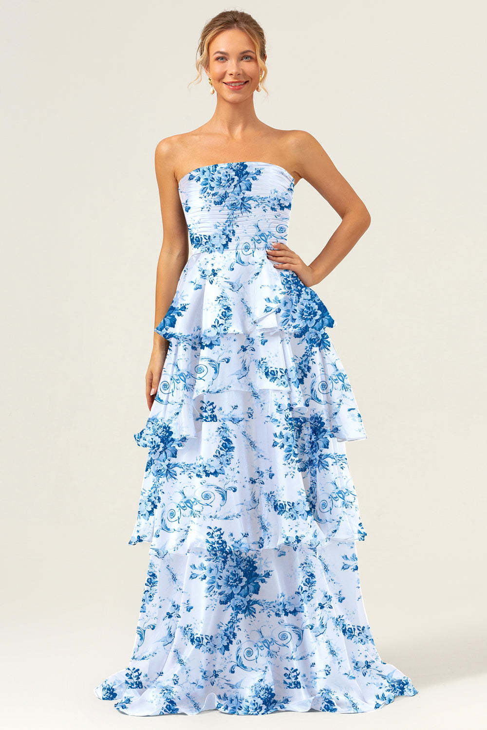White Blue Floral Strapless A-Line Tiered Bridesmaid Dress