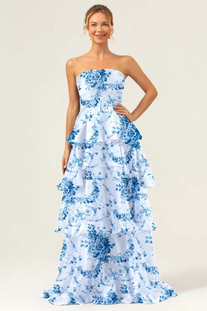 White Blue Floral Strapless A-Line Tiered Bridesmaid Dress
