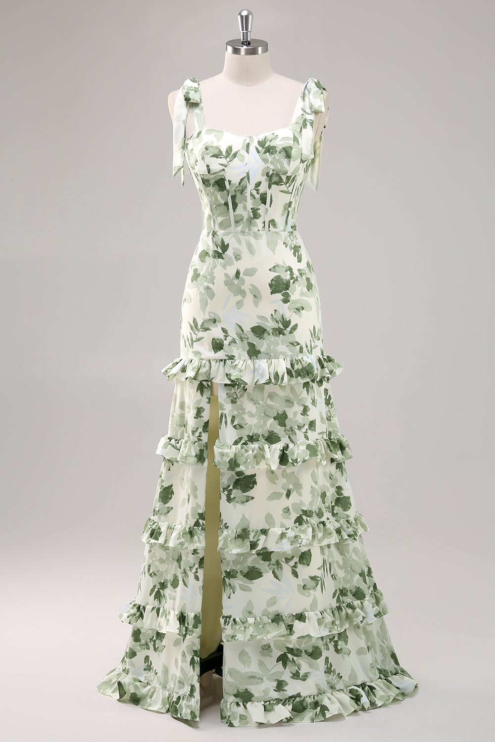 Green Floral Ruffled Corset Maxi Bridesmaid Dress with Slit