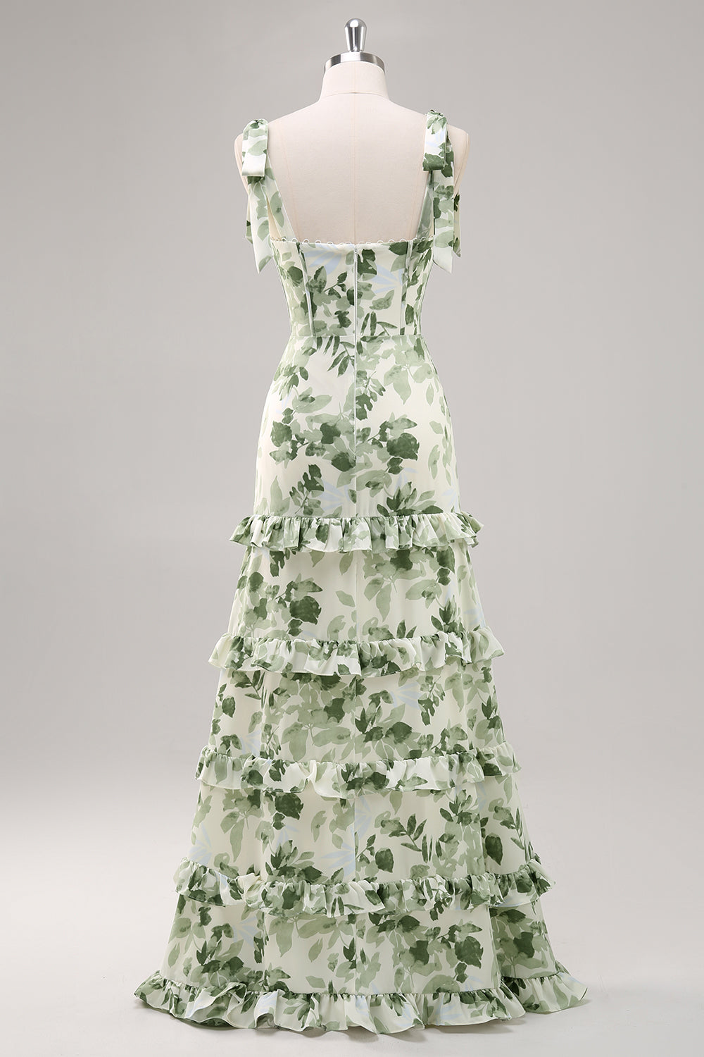 Green Floral Ruffled Corset Maxi Bridesmaid Dress with Slit