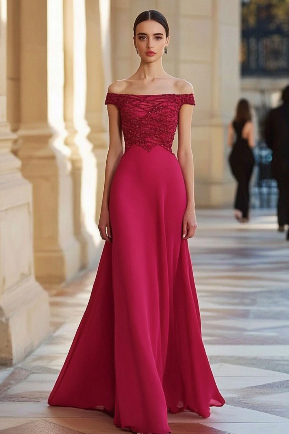 Red Off the Shoulder A-Line Maxi Formal Dress