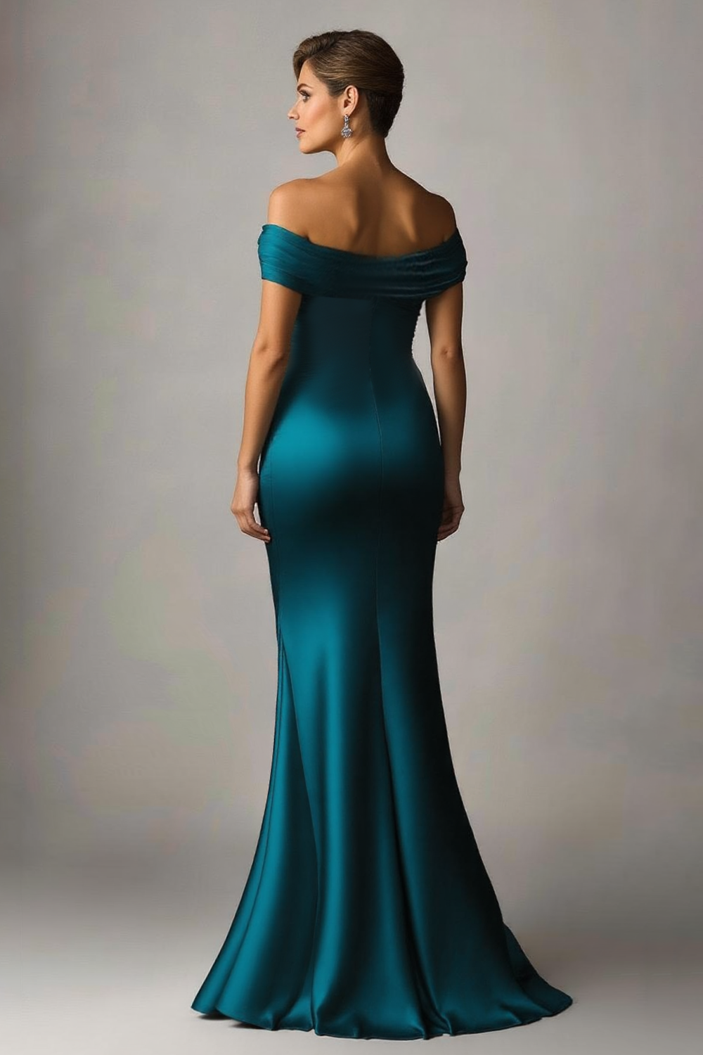 Peacock Blue Off the Shoulder Mermaid Satin Ruched Formal Dress