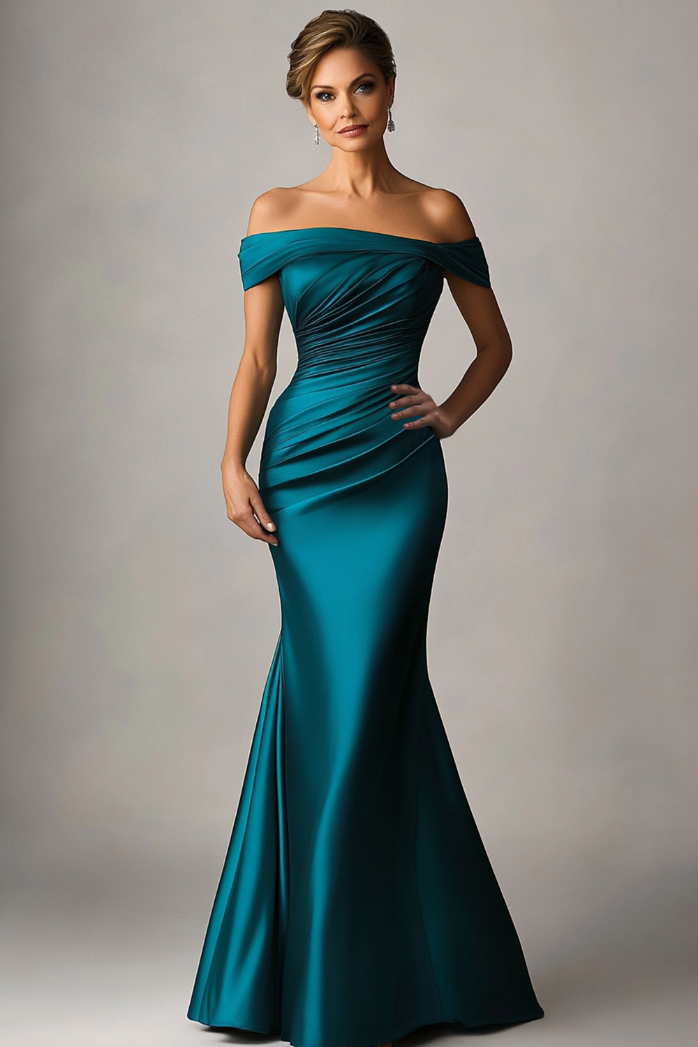 Peacock Blue Off the Shoulder Mermaid Satin Ruched Formal Dress