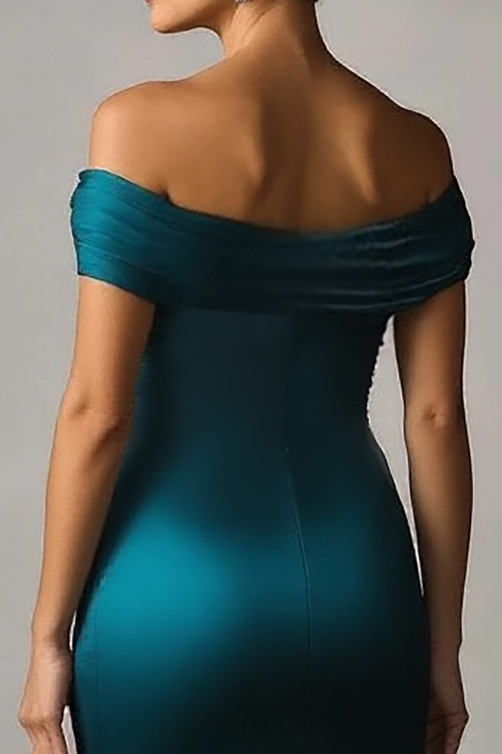 Peacock Blue Off the Shoulder Mermaid Satin Ruched Formal Dress