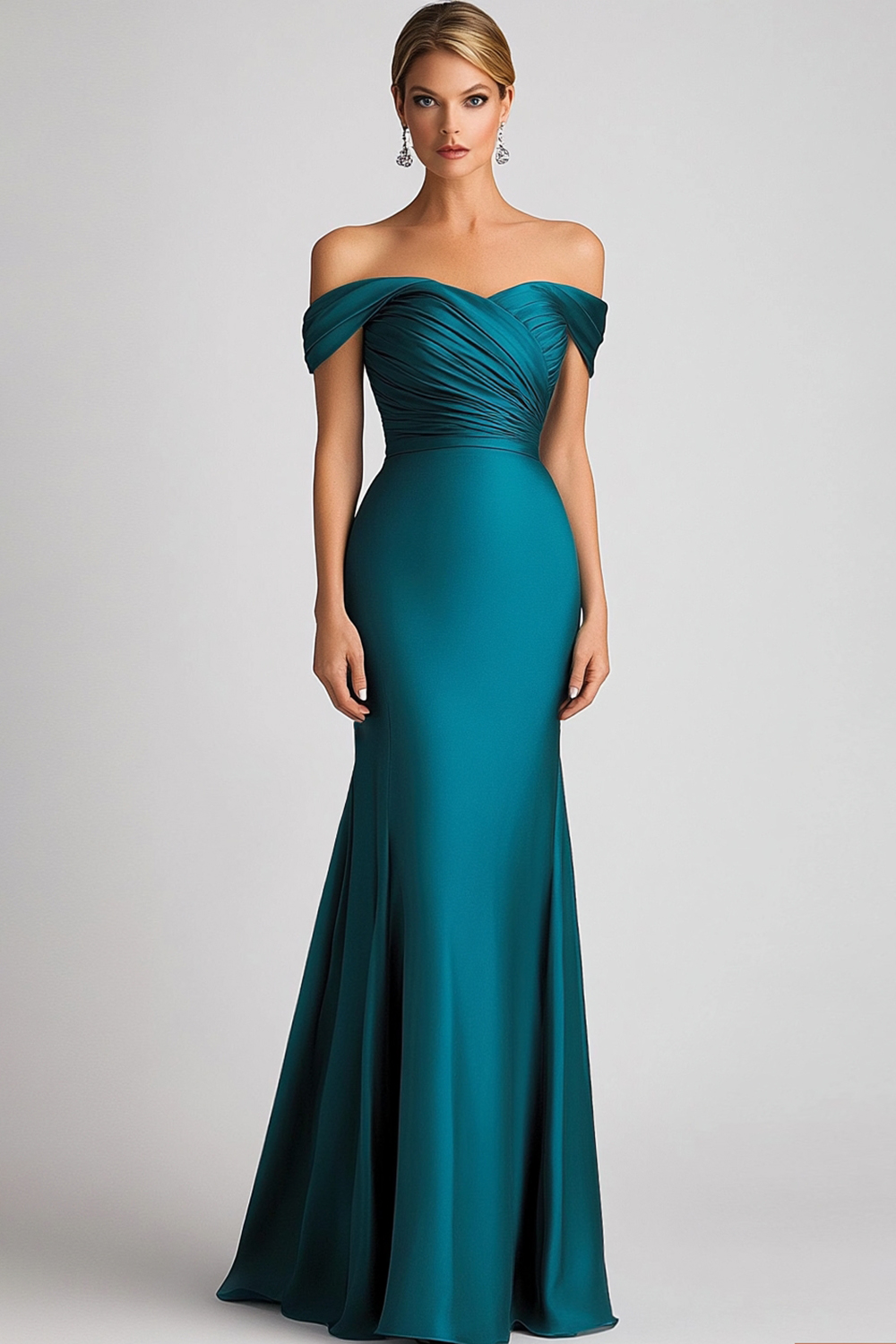 Peacock Blue Off the Shoulder Sheath Satin Pleated Formal Dress