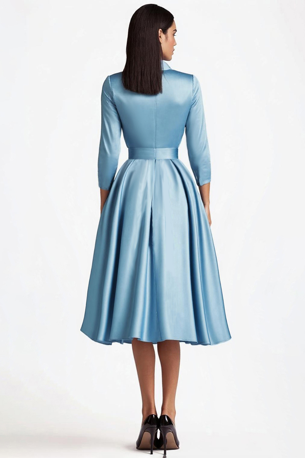 Blue 3/4 Sleeves A-Line Formal Dress with Sash