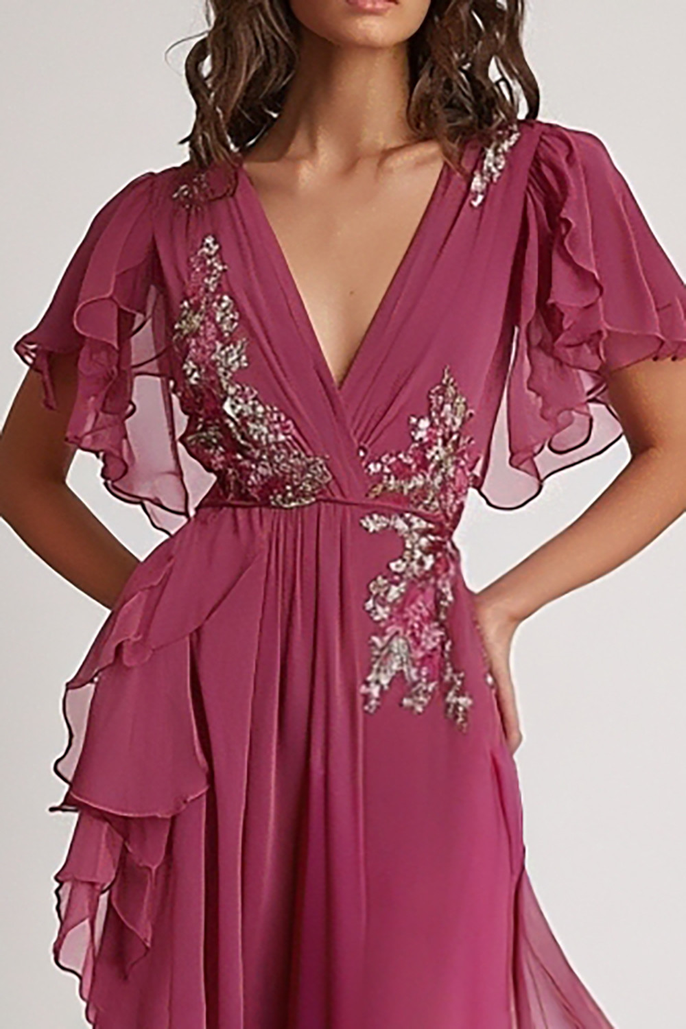 Dark Pink V-Neck Ruffled Chiffon Formal Dress with Sequins