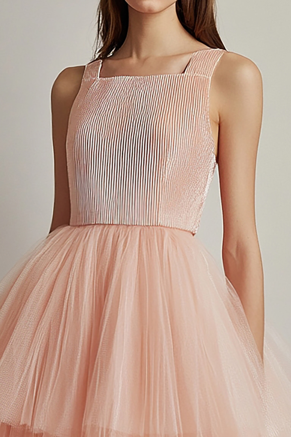 Pink Square Neck Tiered Tulle Knee Length Formal Dress