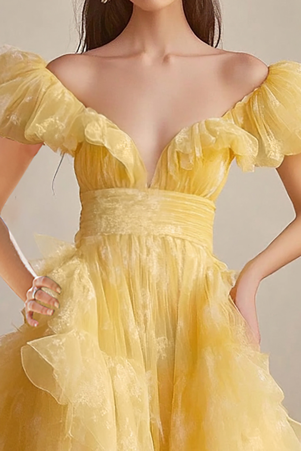 Princess Yellow Ruffled Ball Gown Maxi Organza Formal Dress