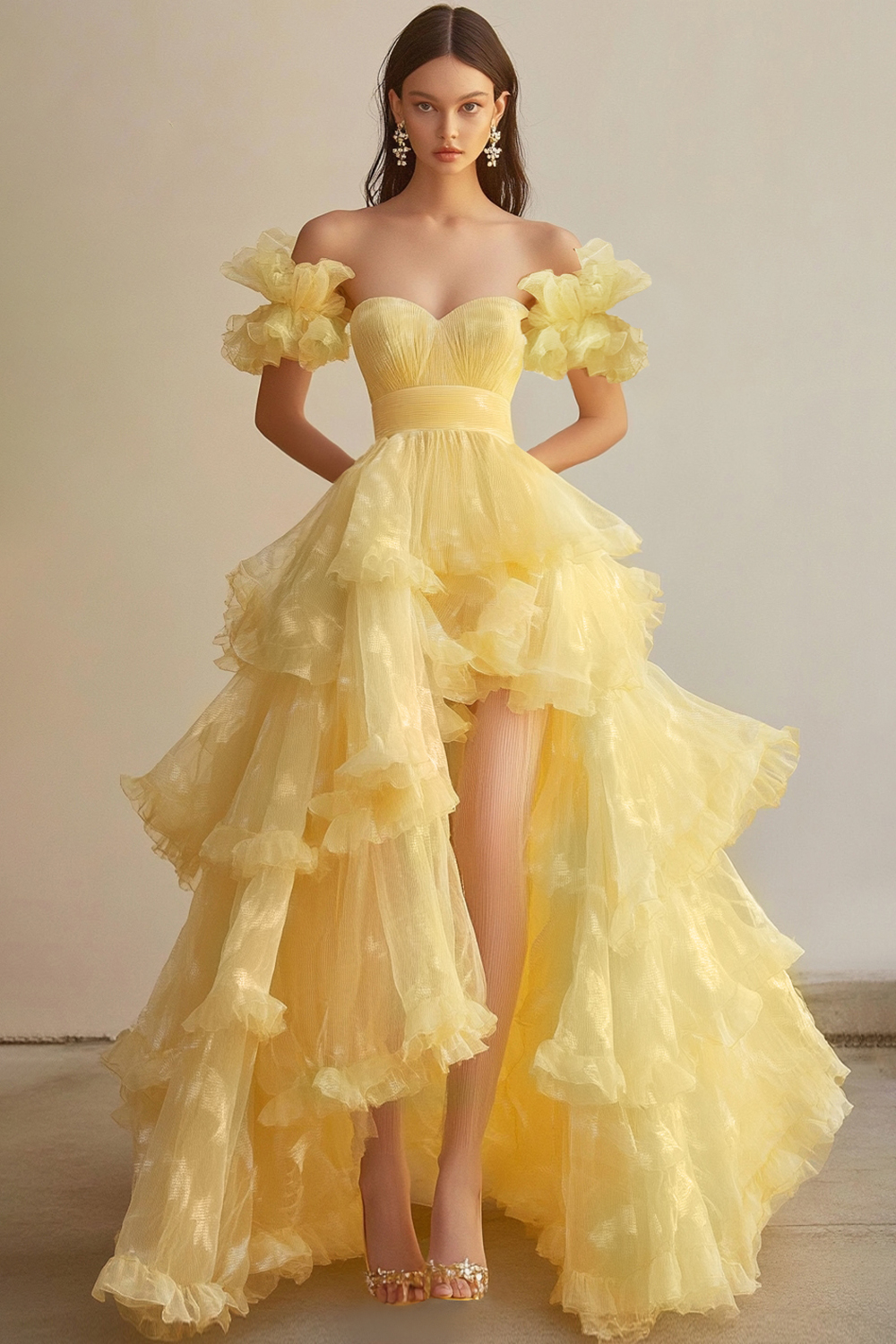 Leely Women Yellow Sweetheart Ruffled Ball Gown High Low Organza Formal Dress