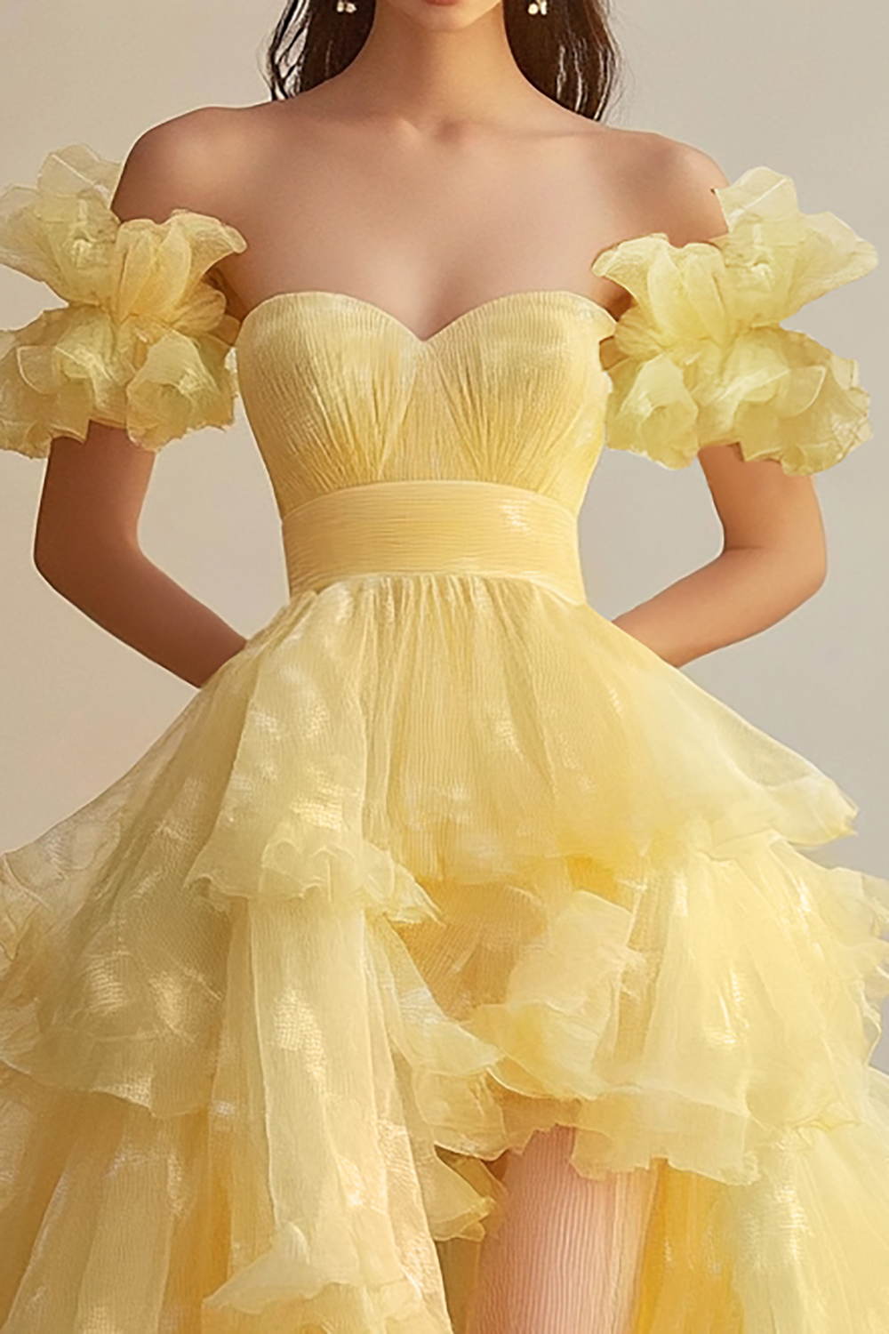 Yellow Sweetheart Ruffled Ball Gown High Low Organza Formal Dress