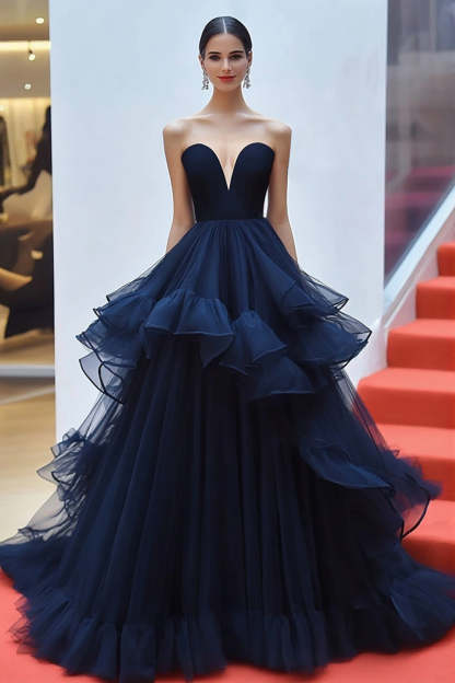 Leely Women Navy Ball Gown Strapless Ruffled Red Carpet Dress Floor Length Military Ball Dress