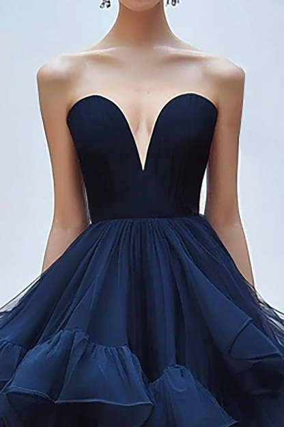 Navy Ball Gown Strapless Ruffled Red Carpet Dress