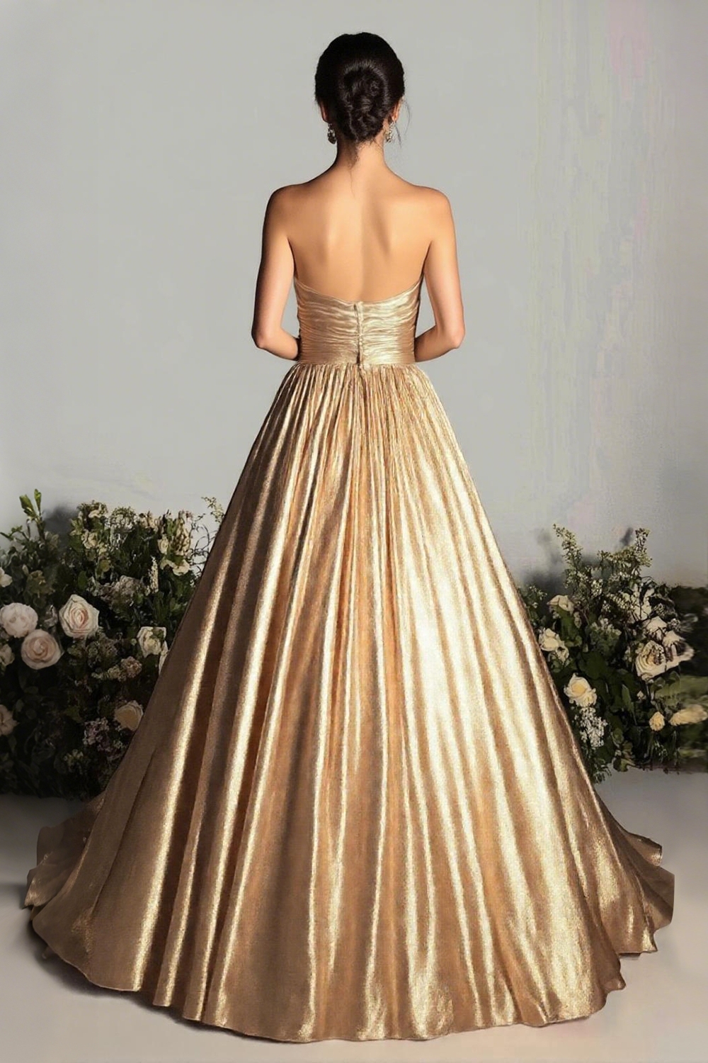 Glitter Gold Strapless Ball Gown Maxi Formal Dress