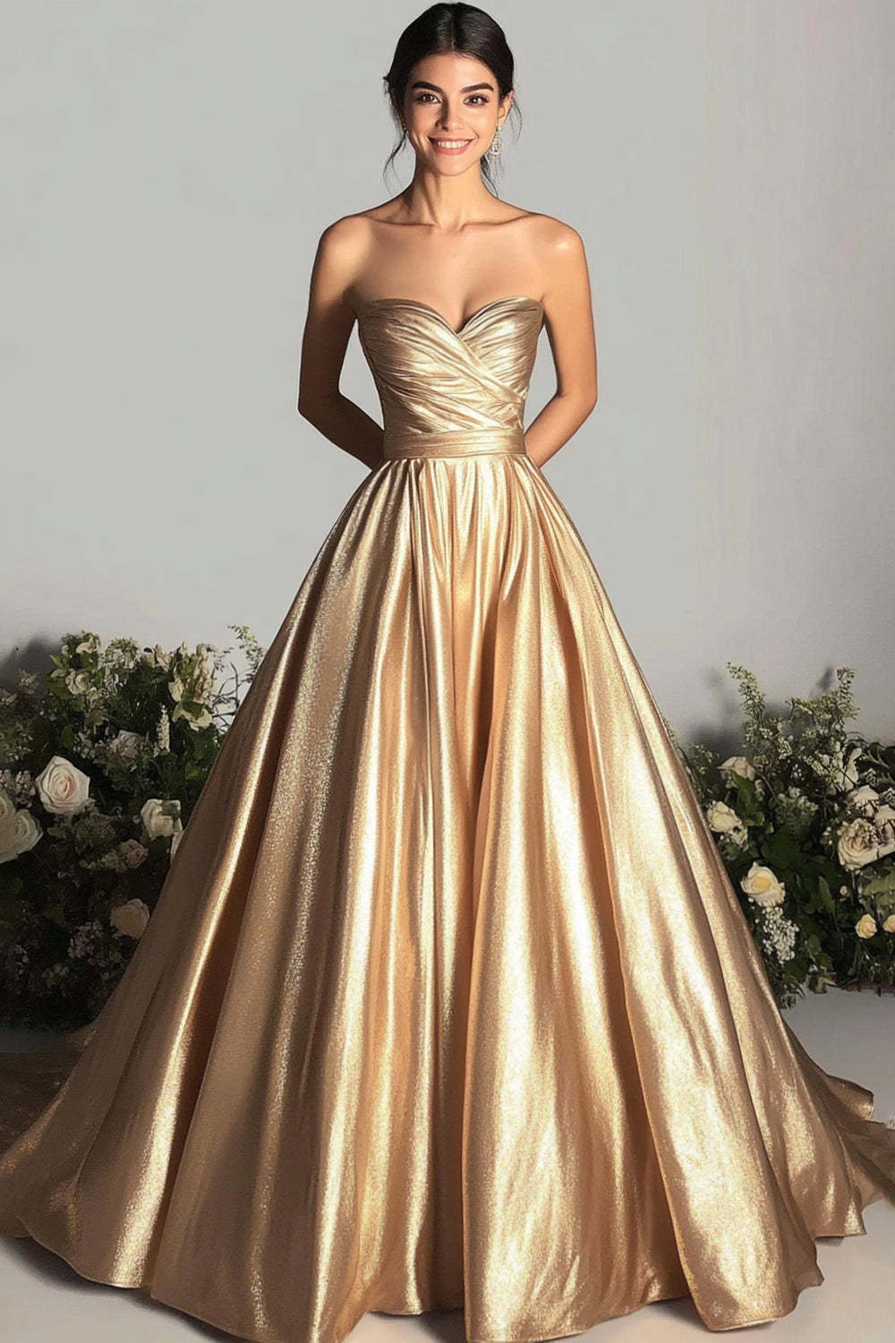 Leely Women Glitter Gold Strapless Ball Gown Formal Dress Maxi Gala Dress