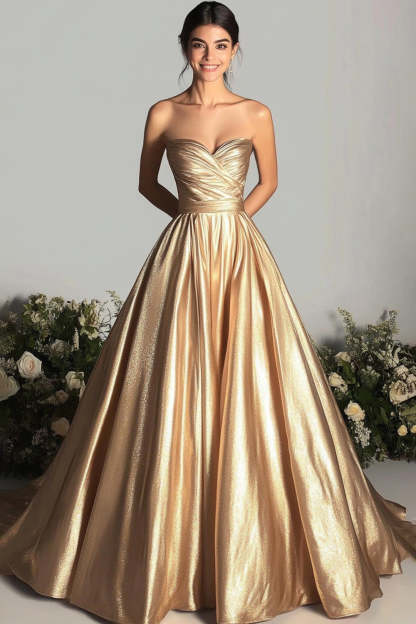 Leely Women Glitter Gold Strapless Ball Gown Formal Dress Maxi Gala Dress