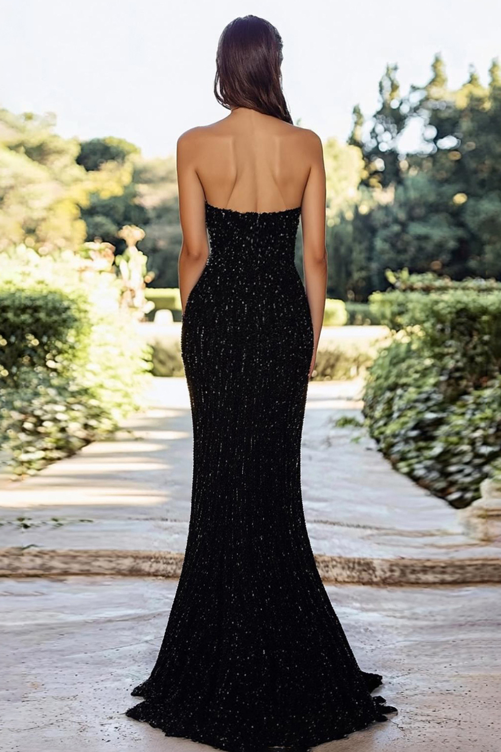 Sweetheart Sparkly Sequins Black A Line Prom Dress with High Slit