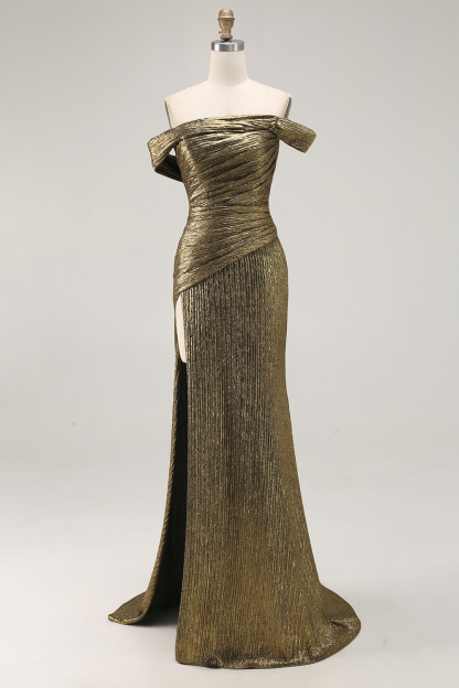 Metallic Golden Off The Shoulder Sheath Prom Slit