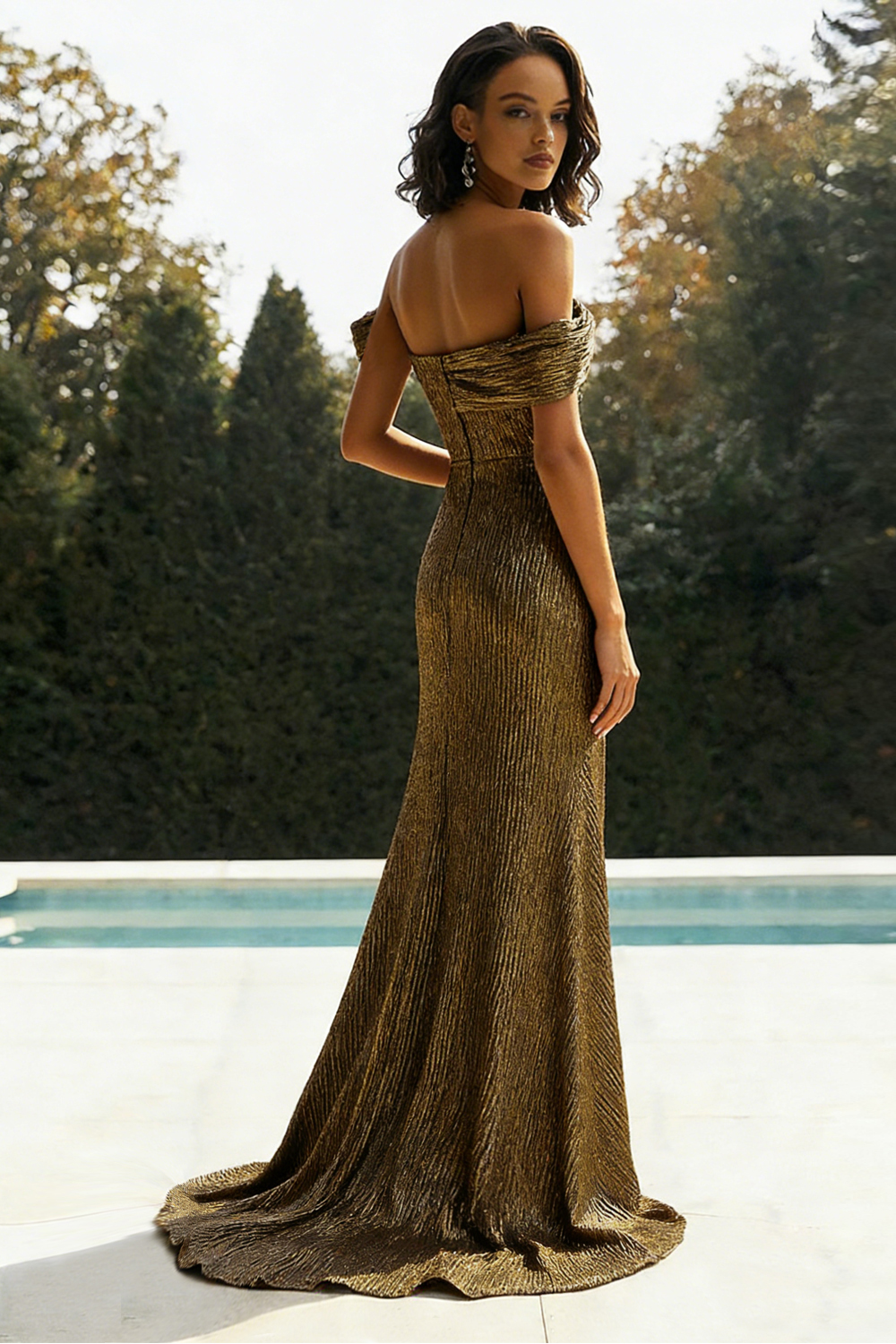 Metallic Golden Off The Shoulder Sheath Prom Dress with Slit
